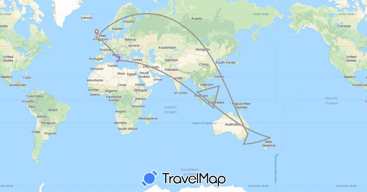 TravelMap itinerary: driving, bus, plane, train in Australia, Indonesia, Ireland, Italy, New Zealand, Philippines, Thailand (Asia, Europe, Oceania)